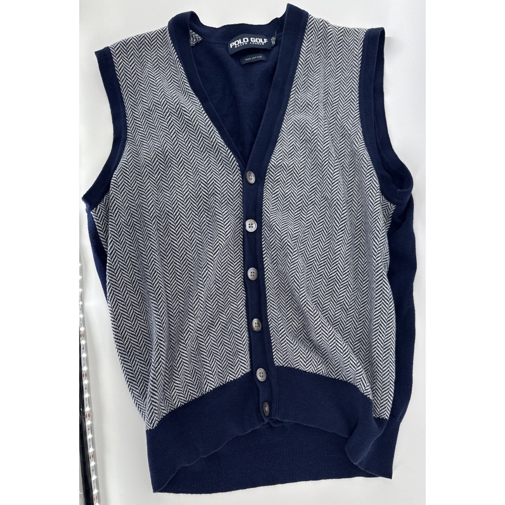 Vintage Polo Golf Ralph Lauren Sweater Vest Mens Large Blue Herringbone Knit 90